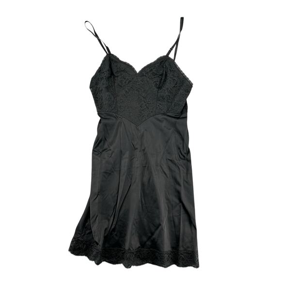 Vintage Vanity Fair 1960s Black Art Deco Lace Nylon Slip Nightgown Small - Picture 1 of 5
